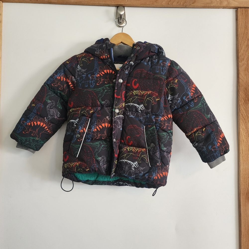 Boden Black Multi Dinosaur Puffer Jacket Size 4-5y